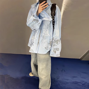 【现货】巴黎23新款手绘涂鸦os宽松休闲长袖衬衫外套男女同款