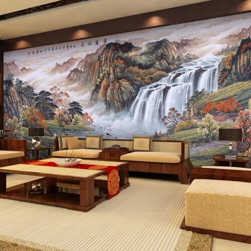 现代中式办公室背景墙纸会议室壁布8D电视墙布山水画客厅沙发壁画