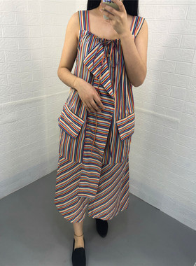 米蔻百家好夏新款条纹吊带小清新中长款女式连衣裙HTOP322B
