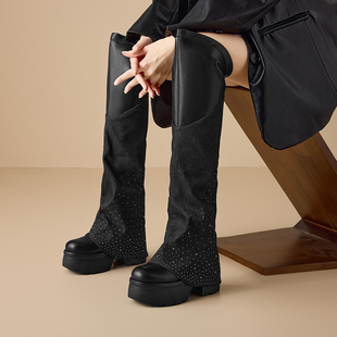 12cm内增高马丁靴女真时尚牛仔布坡跟过膝长靴女轻便瘦瘦弹力长靴