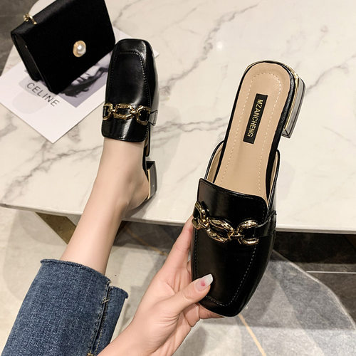 粗跟中跟半拖鞋永希时尚外穿包头