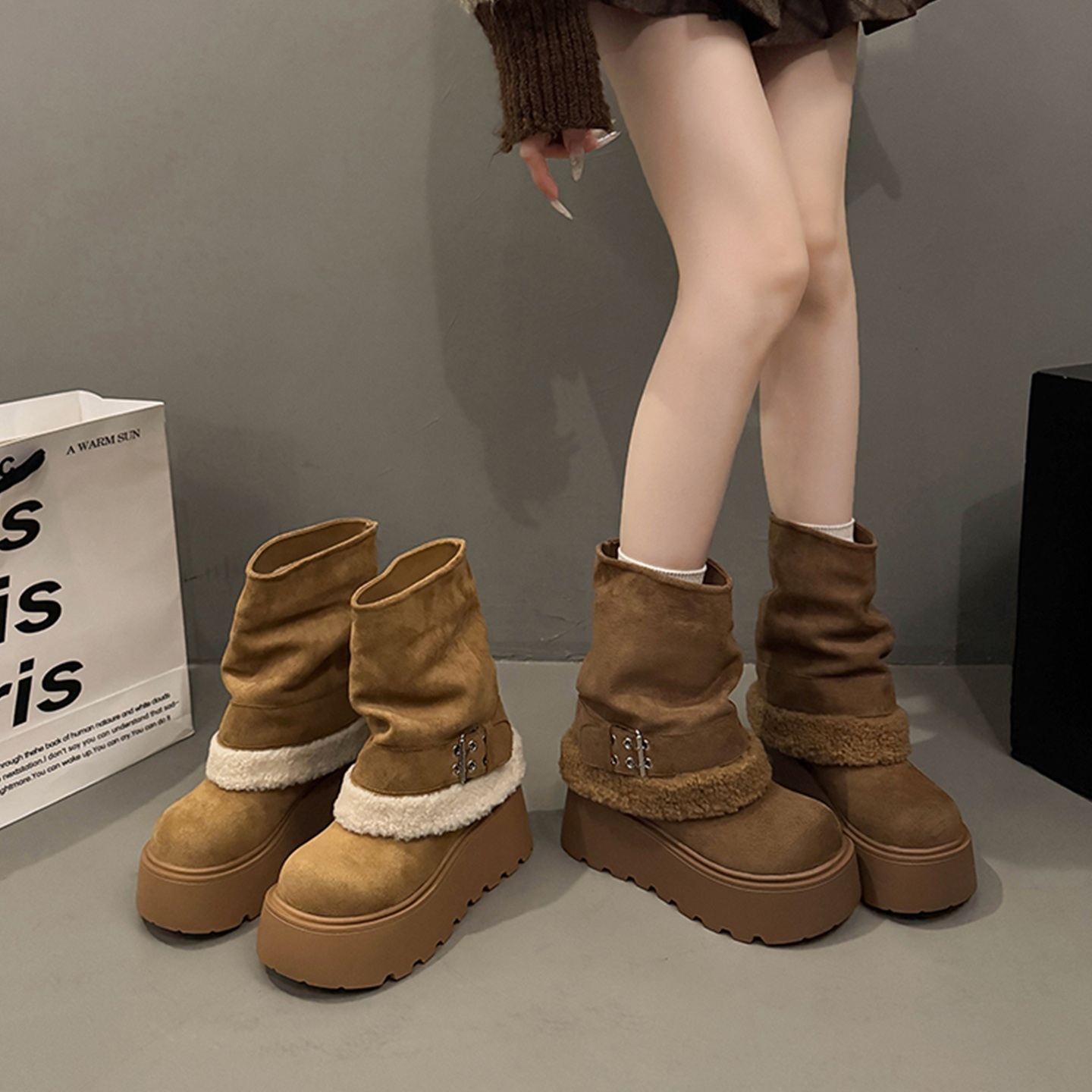 永希女靴复古羊羔毛保暖马丁棉靴