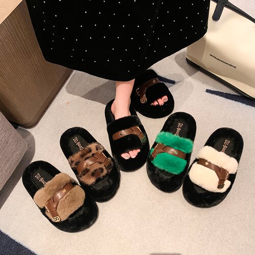 2026秋女皮带扣厚底增高毛绒拖鞋