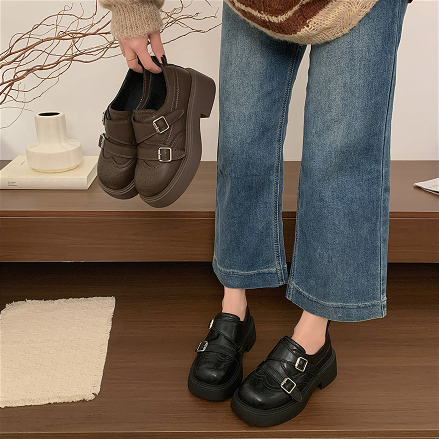 时尚百搭乐福鞋女2026年春季新款厚底一脚蹬小皮鞋学院风气质单鞋,女鞋,深口单鞋,淘宝优惠券,粉丝福利购,淘宝优惠卷