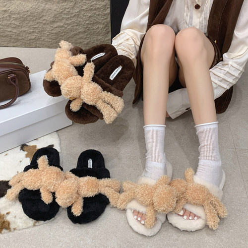 永希小熊厚底保暖毛毛拖鞋女