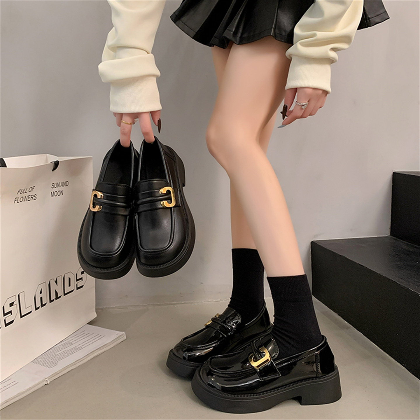 配裙子厚底乐福鞋女2026春季新款小个子黑色小皮鞋一脚蹬百搭单鞋,女鞋,深口单鞋,淘宝优惠券,粉丝福利购,淘宝优惠卷