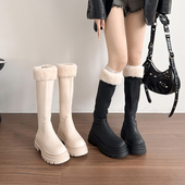 白色毛毛长筒靴女秋冬2025新小个子厚底洋气瘦瘦长靴高筒骑士靴子