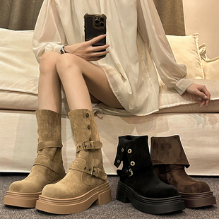 美拉德靴子马丁靴女款 英伦风秋冬中筒瘦瘦靴两穿厚底短靴 2025新款