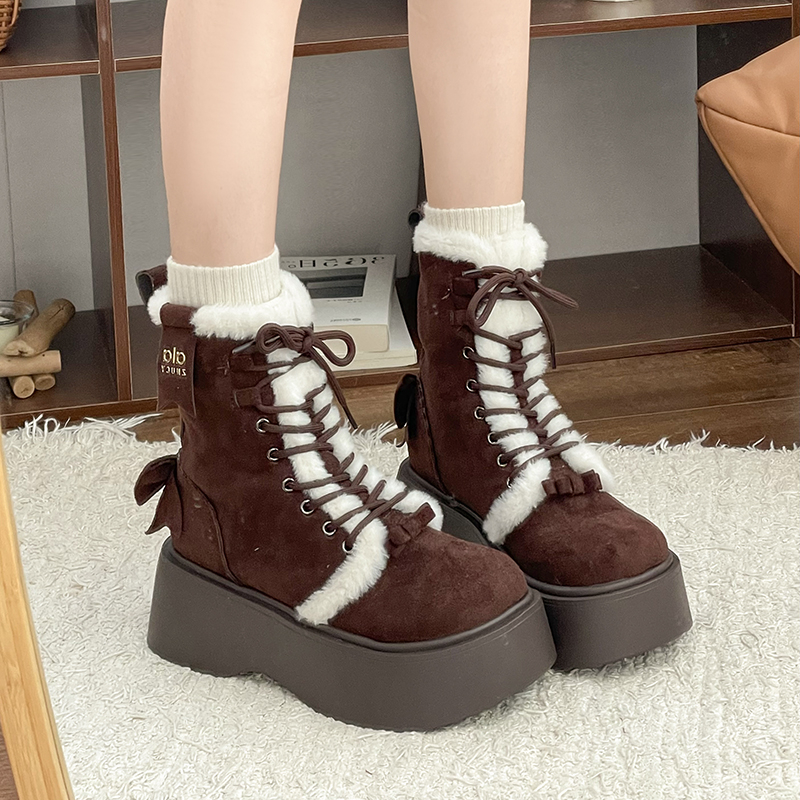 永希女鞋增高系带棉靴