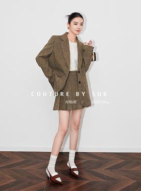 SUK 高知艺术！秋季新款两件套气质毛呢外套女羊毛半身裙西装套装