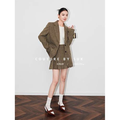 SUK 高知艺术！秋季新款两件套气质毛呢外套女羊毛半身裙西装套装