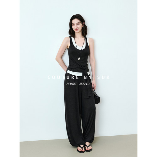 修身假两件吊带背心高腰阔腿裤