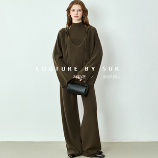 阔腿裤 SUK 女连帽休闲针织衫 可机洗100%羊毛套装 三件套 静影织风
