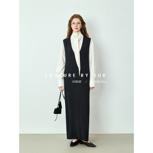 黑色深V领针织背心连衣裙长裙女 绵羊毛混纺无袖 SUK 纯色逸裙