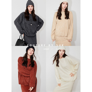 两件套女 圆领羊绒针织毛衣中长半身裙气质针织套装 SUK 暮色玫瑰