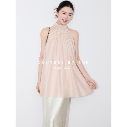 SUK 云漫轻纱！粉色挂脖露肩衬衫女无袖气质上衣女夏季2026新品