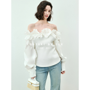 灯笼袖 SUK 温柔风一字肩上衣高级感白色荷叶边衬衫 法式 灵动飞白