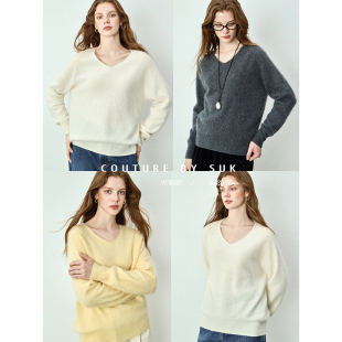 羊毛羊绒混纺基础时髦质感V领针织廓形毛衣女新款 SUK 浅秋印记