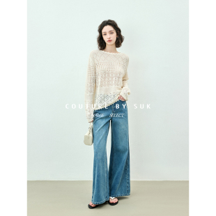 女气质显瘦罩衫 SUK 针织衫 百搭提花镂空圆领长袖 上衣 诗意提花