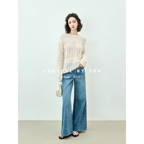 百搭提花镂空圆领长袖针织衫