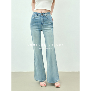 女蓝色显瘦修身 高腰微喇叭百搭牛仔裤 长裤 春季 SUK 新款 复古回响