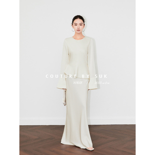 SUK 重磅醋酸缎面高级感轻奢气质假两件圆领连衣裙女 春光流影