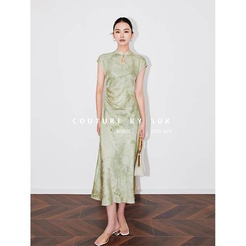 SUK 碧玉妆成！裙子女夏季2025新款夏季桑蚕丝真丝提花无袖连衣裙