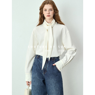 新款 2025秋季 法式 气质百搭显瘦长袖 女 SUK 高领系带衬衫 第①夫人