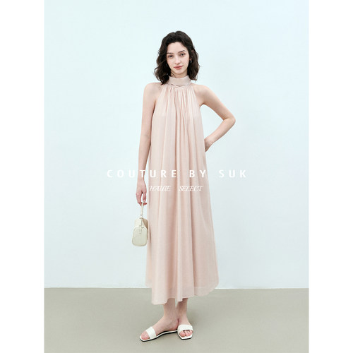 挂脖无袖露肩宽松连衣裙女