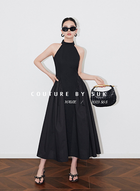 SUK 美神降临！甜辣风设计感夏季黑色连衣裙中长款无袖气质显瘦女