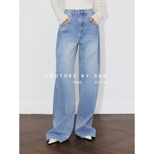 SUK 牛仔新篇！老钱风蓝色高腰显瘦宽松阔腿直筒牛仔裤拖地裤女