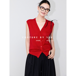 点亮初秋 单排扣红色针织马甲开衫 秋季 V领无袖 简约百搭 新款 SUK