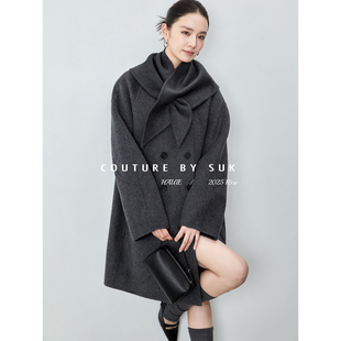 SUK 气质出众!  秋冬新款羊毛骆驼绒桑蚕丝双面呢围巾大衣外套女
