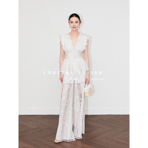 收腰上衣高腰阔腿裤时尚套装