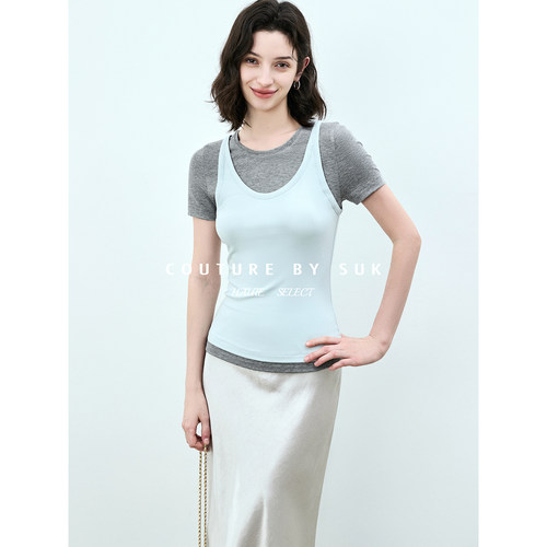 修身假两件撞色圆领短袖T恤