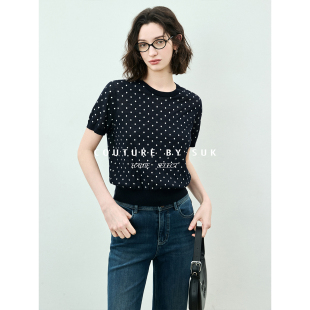 经典 减龄修身 重塑 T恤女藏青圆领显瘦百搭时尚 上衣 波点短袖 SUK