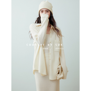 中长款 款 宽松老钱风针织衬衫 开衫 女 SUK 外套半身裙套装 风度款