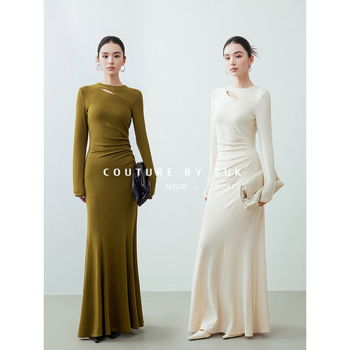 修身长裙碎褶弹力秋季SUK时尚