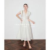 洁白栀子 2025新款 夏连衣裙女白色中长款 SUK V领无袖 度假风裙子