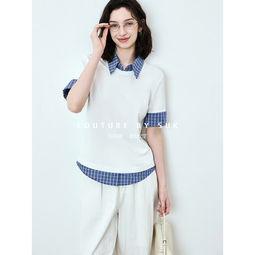 学院风撞色假两件短袖T恤女