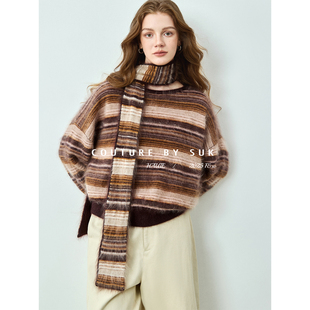 100%羊绒秋冬英伦风复古高级质感围巾条纹毛衣新款 SUK 素格叙事