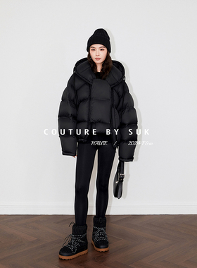SUK 札幌初雪！2025冬季新款流行连帽90白鹅绒羽绒服女短款泡芙