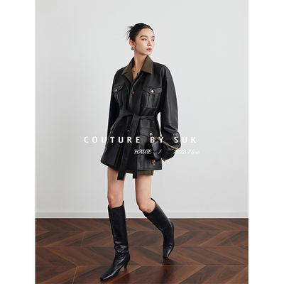 SUK 历久弥新！秋季黑色皮衣外套半身裙两件套设计感皮夹克套装女