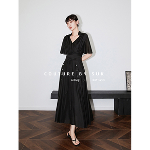 【现货】SUK 江南雨！古风黑色气质V领天丝连衣裙国风新中式长裙