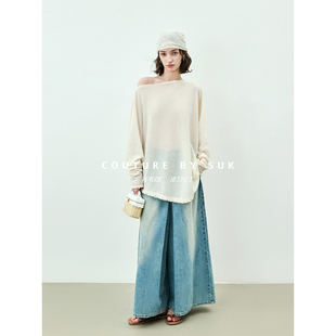 长袖 极简风不对称斜肩薄款 T恤女宽松针织斗篷上衣 骨感流韵 SUK