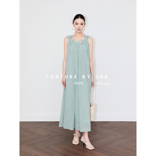 连衣裙长裙女 度假风重工立体花朵连衣裙女夏无袖 SUK 山谷百合