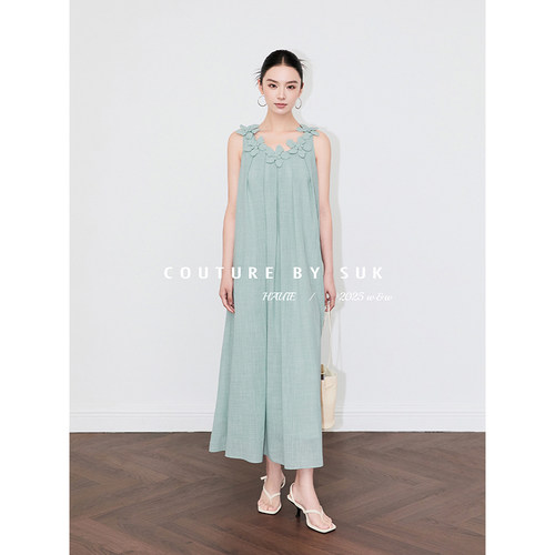 SUK 山谷百合！度假风重工立体花朵连衣裙女夏无袖连衣裙长裙女