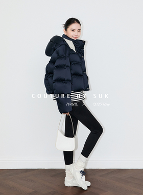 SUK 冬日简讯! 设计感撞色廓形90白鹅绒短款保暖连帽羽绒服新款女