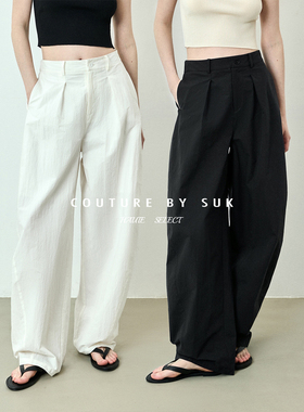 SUK 肌理二重奏！老钱高腰阔腿弯月镰刀气球裤女宽松显瘦休闲长裤