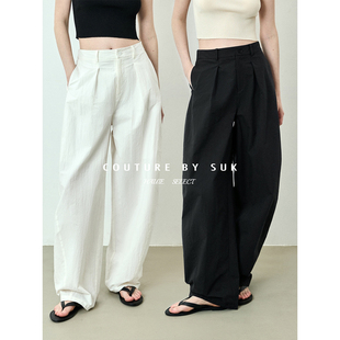 女宽松显瘦休闲长裤 老钱高腰阔腿弯月镰刀气球裤 肌理二重奏 SUK